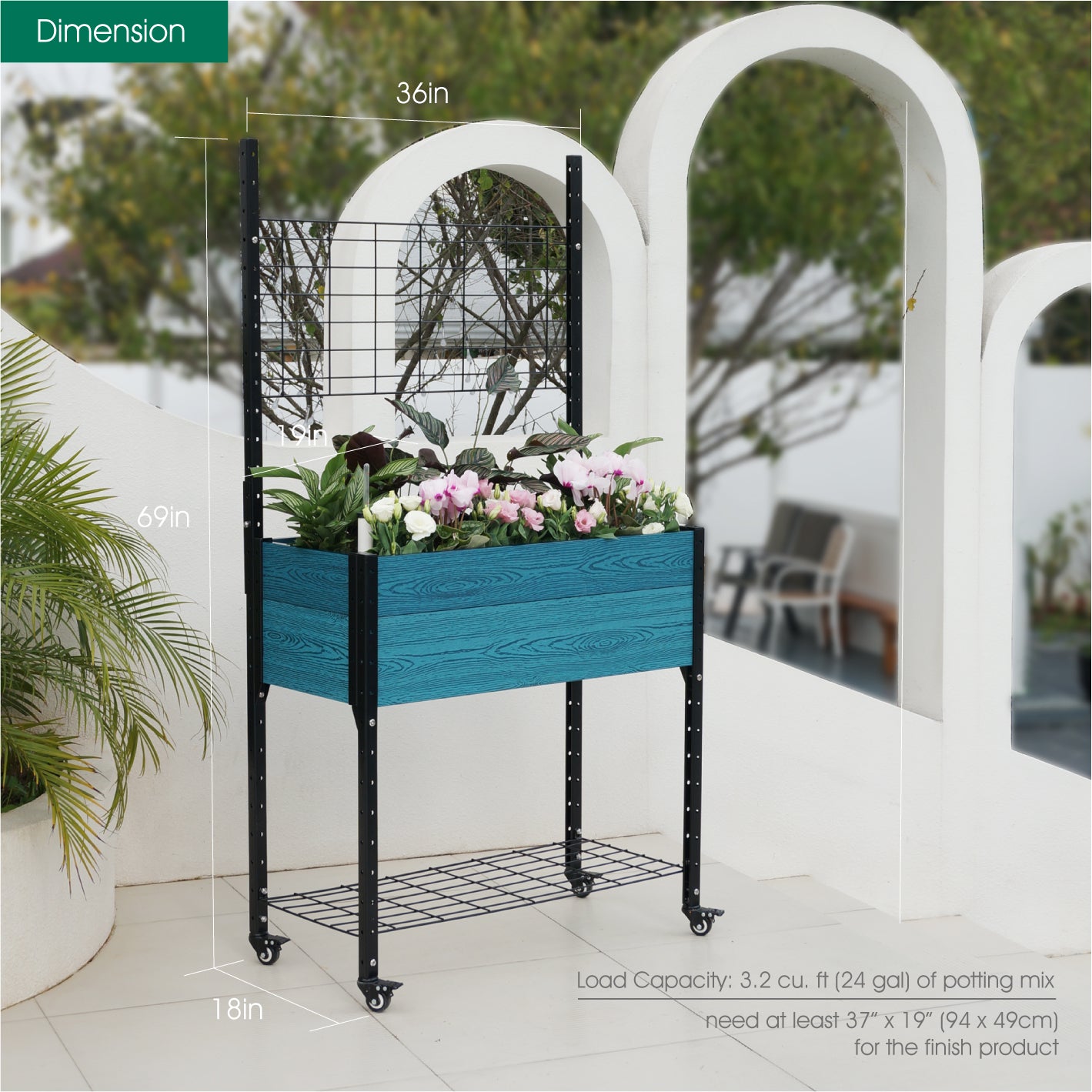 K2301 Self-watering Mobile Elevated Planter in Blue with Trellis