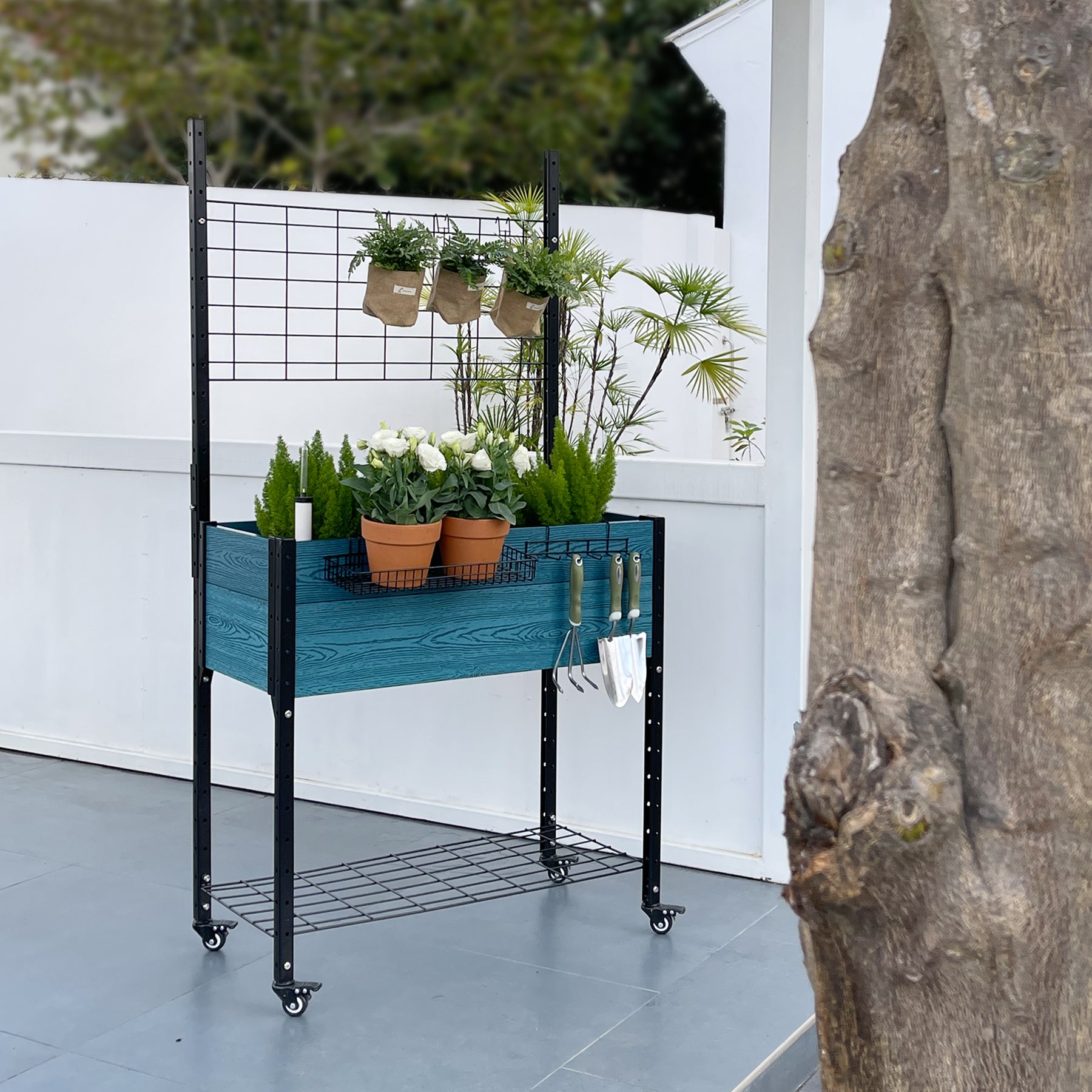 K2303 Self-watering Mobile Elevated Planter in Blue with Trellis and Basket & Hook Set