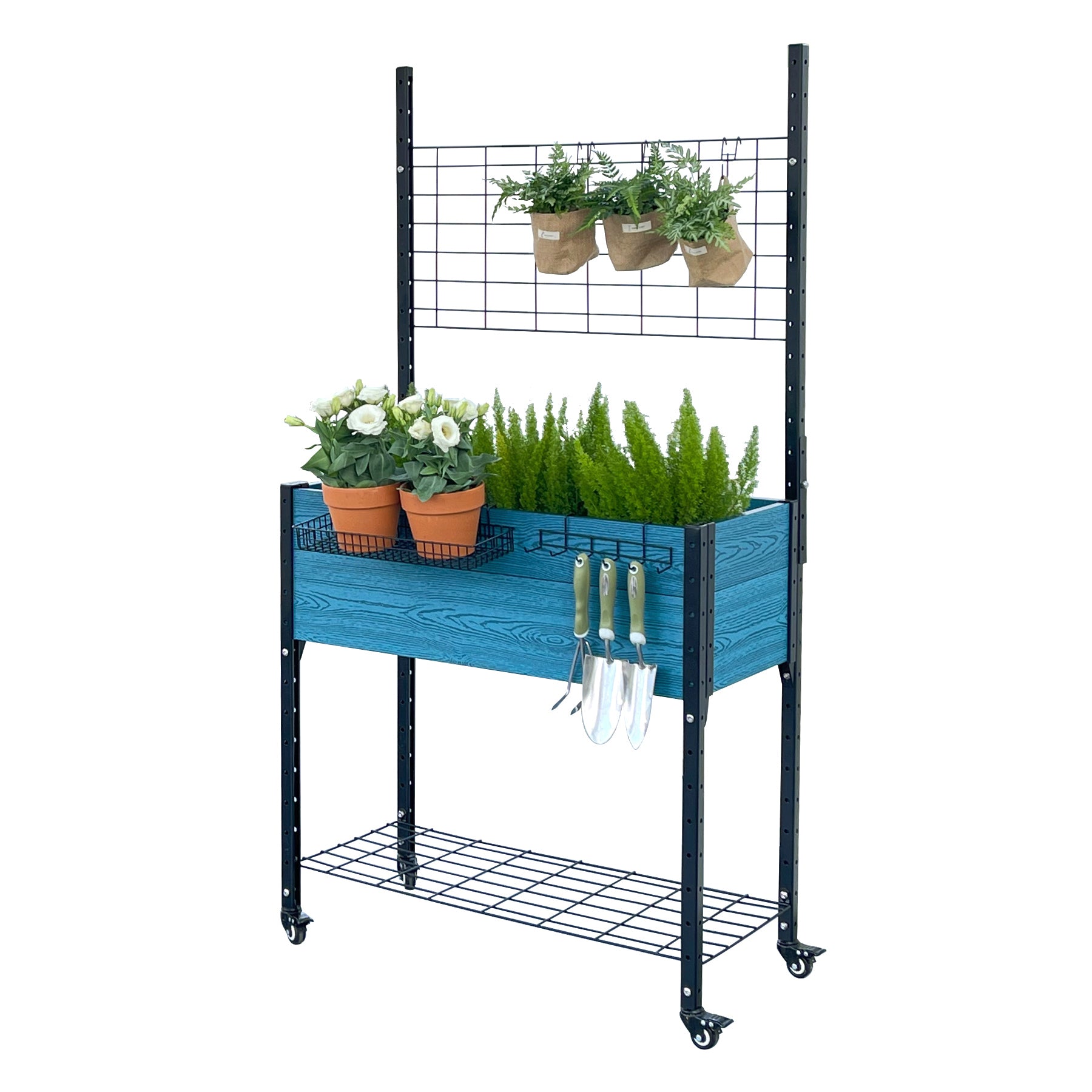 K2303 Self-watering Mobile Elevated Planter in Blue with Trellis and Basket & Hook Set