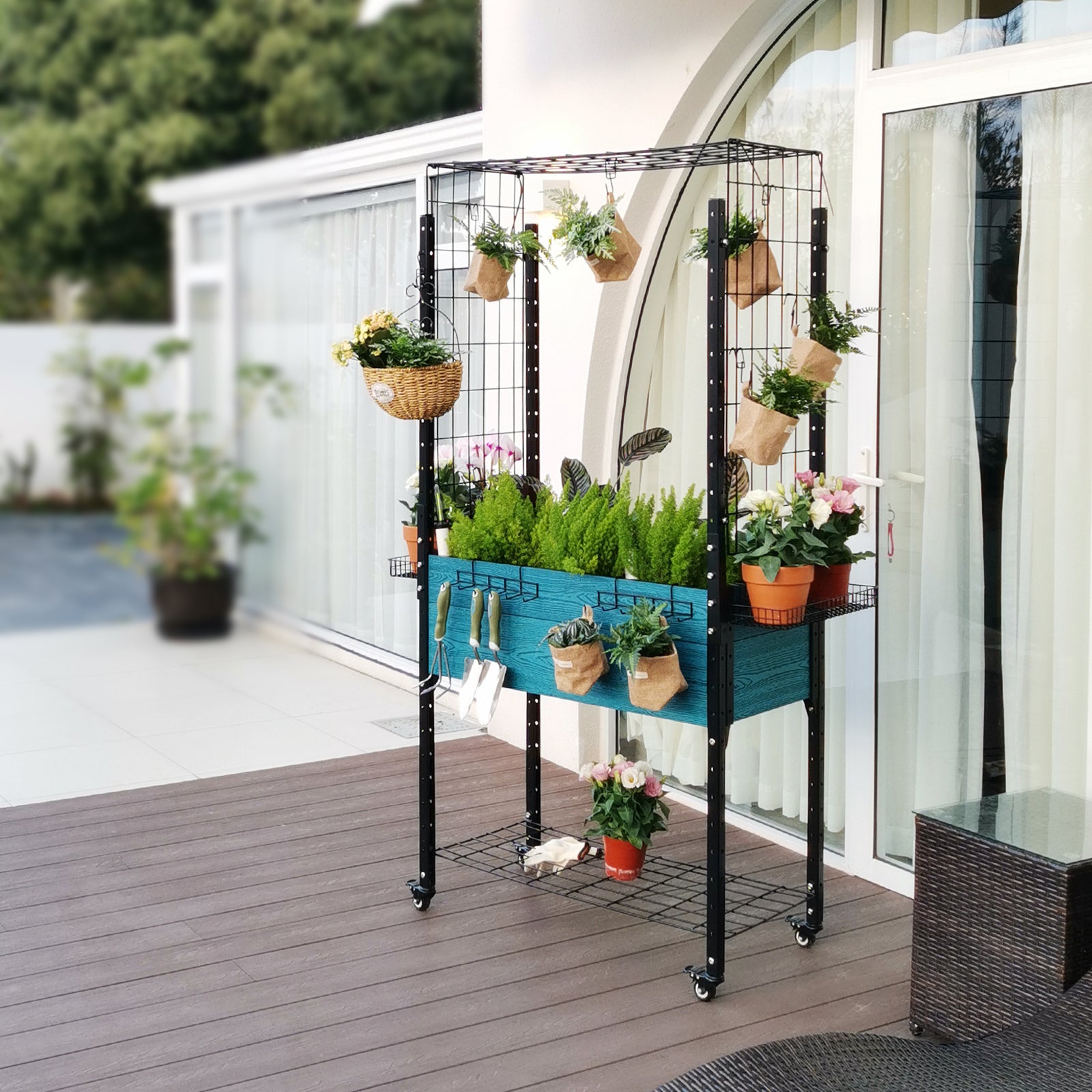 K2304 Self-watering Mobile Elevated Planter in Blue with Arch Trellis and UnderShelf and Basket & Hook Set