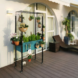 K2304 Self-watering Mobile Elevated Planter in Blue with Arch Trellis and UnderShelf and Basket & Hook Set