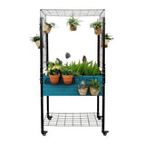 K2304 Self-watering Mobile Elevated Planter in Blue with Arch Trellis and UnderShelf and Basket & Hook Set