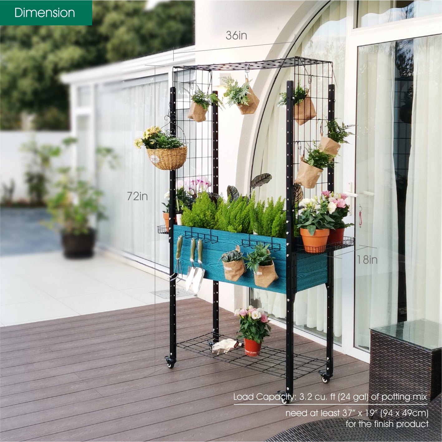 K2304 Self-watering Mobile Elevated Planter in Blue with Arch Trellis and UnderShelf and Basket & Hook Set